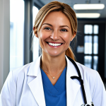 ** A professional female doctor, fully clothed in a clean, white lab coat with a stethoscope around her neck, smiling warmly in a modern hospital setting, appropriate attire, safe for work, perfect anatomy, natural proportions, professional.

**