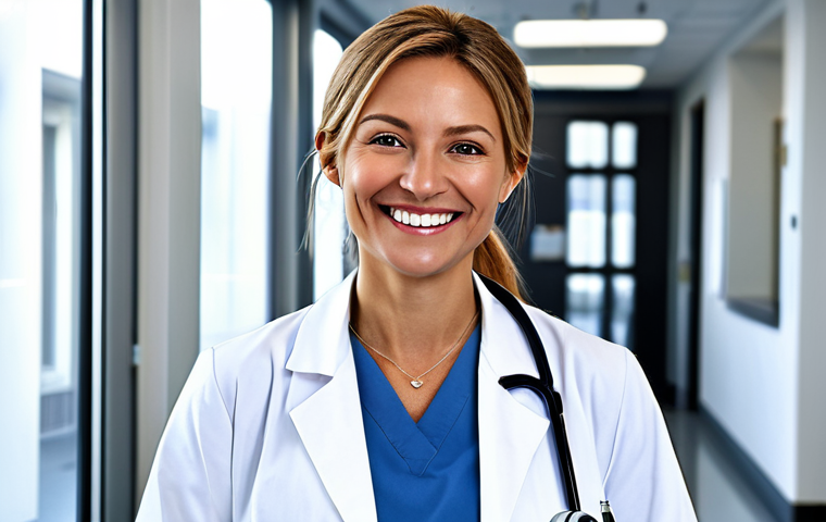 ** A professional female doctor, fully clothed in a clean, white lab coat with a stethoscope around her neck, smiling warmly in a modern hospital setting, appropriate attire, safe for work, perfect anatomy, natural proportions, professional.

**